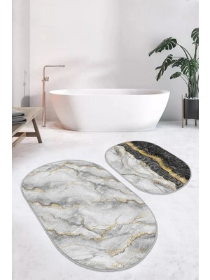 Rem Home Remhome Mermer Zemin Siyah Mermer Detaylı 2'li Oval Kaymaz Tabanlı Banyo & Mutfak Paspas Takımı Takım Banyo Paspası