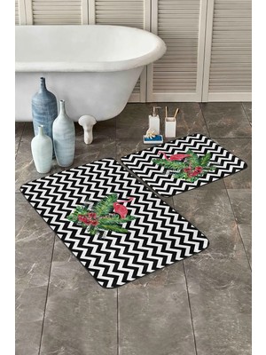 Rem Home Remhome Çok Zigzag Motifli Flamingo Tasarımlı 2'li Kaymaz Tabanlı Banyo & Mutfak Paspas Takımı Takım Banyo Paspası
