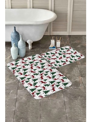 Rem Home Remhome Yılbaşı Temalı Ekose Çam Ağacı Geyik Motifli 2'li Kaymaz Tabanlı Banyo & Mutfak Paspas Takımı Takım Banyo Paspası