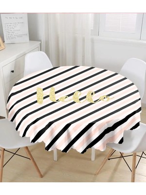 Rem Home Remhome Beyaz Zemin Üzerinde Renkli Yatay Çizgili Gold Detaylı Hello Yazılı Yuvarlak Masa Örtüsü - Çap 140CM 140 x 140 cm