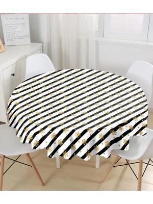 Rem Home Remhome Beyaz Zemin Üzerinde Gold Detaylı Kartanesi Desenli Yuvarlak Masa Örtüsü - Çap 140CM 140 x 140 cm