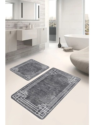 Rem Home Remhome 2'li Set Füme Zeminde Çerçeveli Motifli Duvar Geometrik Eskitme Motifli 2'li Banyo Paspas Takımı Takım Banyo Paspası
