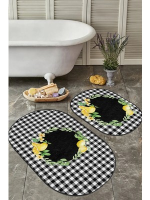 Rem Home Remhome Siyah Ekose Motifli Limon Tasarımlı 2'li Oval Banyo Paspas Takımı & Klozet Paspas Seti Takım Banyo Paspası