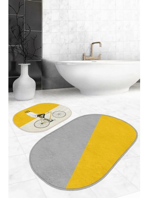 Rem Home Remhome Sarı Gri Bisikletli Adam 2'li Oval Kaymaz Tabanlı Banyo Paspas Seti & Mutfak Paspas Takımı Takım Banyo Paspası