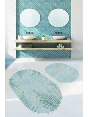 Rem Home Remhome Mint Yeşili Temalı Yaprak Desenli 2'li Oval Kaymaz Tabanlı Banyo & Mutfak Paspas Takımı Takım Banyo Paspası