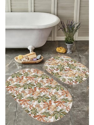 Rem Home Remhome Kurumuş Kahve Yeşil Sonbahar Yapraklı Özel Tasarım 2'li Oval Kaymaz Taban Banyo & Mutfak Paspas Seti Takım Banyo Paspası