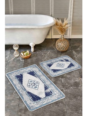 Rem Home Remhome 2'li Set Lacivert Zeminde Eskitme Motifli Retro Vintage Eskitme Motifli 2'li Banyo Paspas Takımı Takım Banyo Paspası