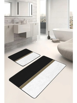 Rem Home Remhome Siyah - Gold Zeminde Geometrik Motifli Klasik Geometrik Sade & Şık 2'li Banyo & Mutfak Paspas Takımı Takım Banyo Paspası