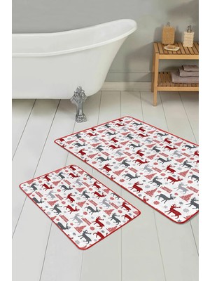 Rem Home Remhome Mery Christmas Tasarımlı Dijital Baskılı 2'li Kaymaz Tabanlı Banyo & Mutfak Paspas Takımı Takım Banyo Paspası