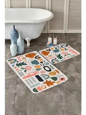 Rem Home Remhome Onedraw Minimal Tasarımlı Dijital Baskılı 2'li Kaymaz Tabanlı Banyo & Mutfak Paspas Takımı Takım Banyo Paspası