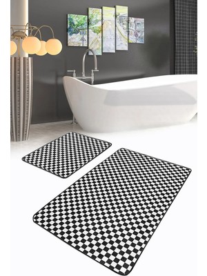 Rem Home Remhome Siyah Beyaz Dama Tasarımlı Dijital Baskılı 2'li Kaymaz Tabanlı Banyo & Mutfak Paspas Takımı Takım Banyo Paspası