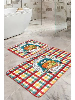 Rem Home Remhome Renkli Ekose Kabak Temalı 2'li Klozet Takımı & Banyo Paspas Seti Takım Banyo Paspası
