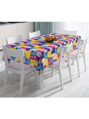 Rem Home Remhome Renkli Kedicikler Çocuk Odası Özel Tasarım Leke Tutmaz Masa Örtüsü 90 x 90 cm