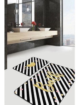 Rem Home Remhome Siyah Beyaz Çizgili Gold Detaylı 2'li Kaymaz Tabanlı Banyo & Mutfak Paspas Takımı Takım Banyo Paspası