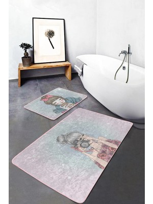 Rem Home Remhome Renkli Zemin Fashion Girl Dijital Baskılı 2'li Kaymaz Tabanlı Banyo & Mutfak Paspas Takımı Takım Banyo Paspası