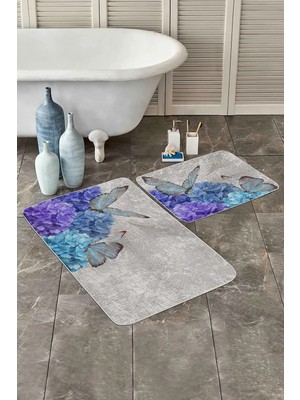 Rem Home Remhome Mavi Ortanca Çiçeği Kelebek Motifli 2'li Kaymaz Tabanlı Banyo & Mutfak Paspas Takımı Takım Banyo Paspası