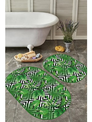 Rem Home Remhome Geometrik Şekilli Zemin 3D Tropik Yaprak Motifli 2'li Oval Kaymaz Tabanlı Banyo & Mutfak Paspas Seti Takım Banyo Paspası