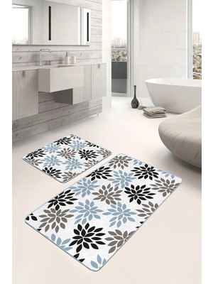 Rem Home Remhome Siyah - Mavi Zeminde Yaprak Motifli Modern Sanat Floral Sade & Şık 2'li Banyo & Mutfak Paspas Takımı Takım Banyo Paspası
