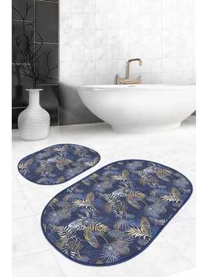 Rem Home Remhome Gold Detaylı Lacivert Tropik Yaprak Özel Tasarım 2'li Oval Kaymaz Tabanlı Banyo & Mutfak Paspas Seti Takım Banyo Paspası
