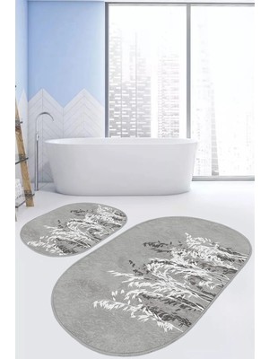 Rem Home Remhome Gri Zemin Bitki Tasarımlı 2'li Oval Kaymaz Tabanlı Banyo & Mutfak Paspas Takımı Takım Banyo Paspası