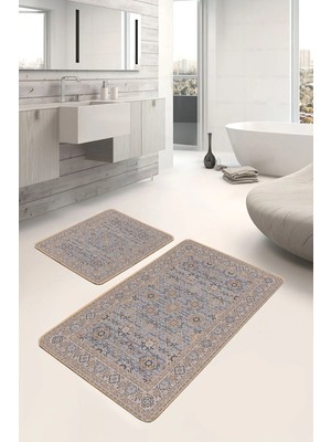 Rem Home Remhome 2'li Bej Zeminde Hereke Motifli Dokuma Desenli Avangarde Vintage 2'li Banyo & Mutfak Paspas Takımı Takım Banyo Paspası