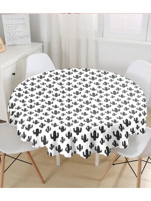 Rem Home Remhome Siyah Beyaz Kaktüs Desenli Yuvarlak Masa Örtüsü - Çap 140 cm 140 x 140 cm
