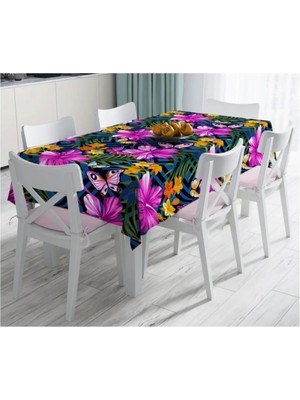 Rem Home Remhome Mavi Zeminli Geometrik Çiçekler Modern Tasarımlı Leke Tutmaz Masa Örtüsü- 140 x 180 cm