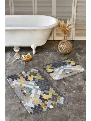 Rem Home Remhome 2'li Set Gold - Mavi Zeminde Pul Motifli Geometrik Desenli Geometrik Klasik 2'li Banyo Paspas Takımı Takım Banyo Paspası