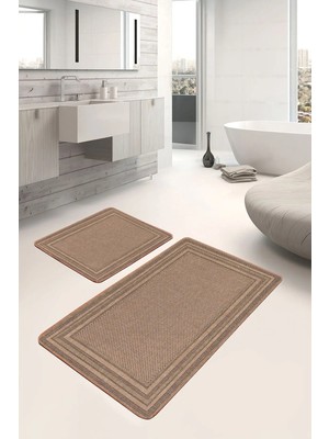 Rem Home Remhome 2'li Kahverengi Zeminde Hasır Motifli Jüt Desenli Vintage Klasik 2'li Banyo & Mutfak Paspas Takımı Takım Banyo Paspası