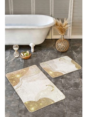 Rem Home Remhome 2'li Set Gold - Krem Zeminde Kanvas Motifli Modern Sanat Bohem Modern 2'li Banyo Paspas Takımı Takım Banyo Paspası