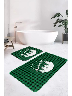 Rem Home Remhome Yeşil Ekose Motifli Yılbaşı Tasarımlı 2'li Mutfak Paspas Takımı & Banyo Halısı Takım Banyo Paspası