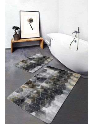 Rem Home Remhome Siyah - Bej Zeminde Geometrik Motifli Klasik Geometrik Sade & Şık 2'li Banyo & Mutfak Paspas Takımı Takım Banyo Paspası