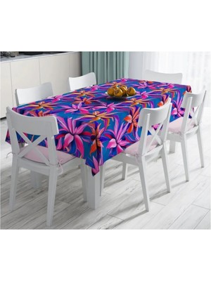 Rem Home Remhome Mavi Zeminli Yapraklar Özel Tasarımlı Leke Tutmaz Masa ÖRTÜSÜ-120X140 cm