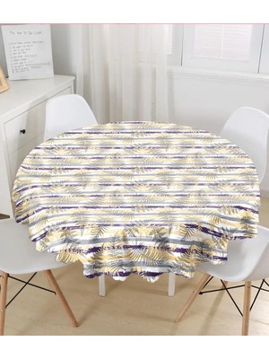 Rem Home Remhome Beyaz Zemin Üzerinde Renkli Çizgili Yaprak Desenli Modern Yuvarlak Masa Örtüsü - Çap 140CM 140 x 140 cm