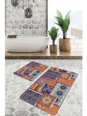 Rem Home Remhome 2'li Set Floral Zeminde Patchwork Motifli Otantik Desenli Vintage Geometrik 2'li Banyo Paspas Takımı Takım Banyo Paspası