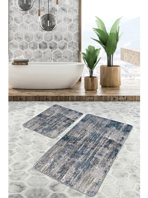 Rem Home Remhome Krem - Mavi Zeminde Dokuma Halı Motifli Eskitme Motifli Klasik 2'li Banyo & Mutfak Paspas Takımı Takım Banyo Paspası