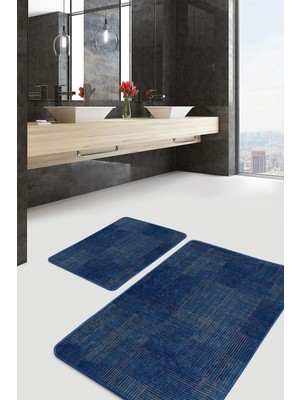 Rem Home Remhome 2'li Set Lacivert Zeminde Örgü Motifli Kilim Geometrik Eskitme Motifli 2'li Banyo Paspas Takımı Takım Banyo Paspası