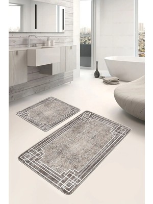 Rem Home Remhome Kahverengi Beyaz Zeminde Çerçeveli Motifli Antik Desenli Eskitme Motifli 2'li Banyo Paspas Takımı Takım Banyo Paspası
