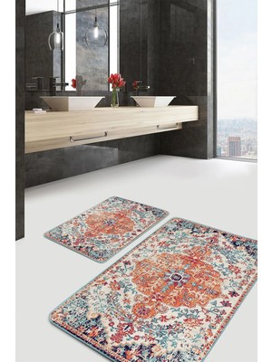Rem Home Remhome Kırmızı Zeminde Geleneksel Motifli Uşak Eskitme Motifli Avangarde 2'li Banyo & Mutfak Paspas Takımı Takım Banyo Paspası