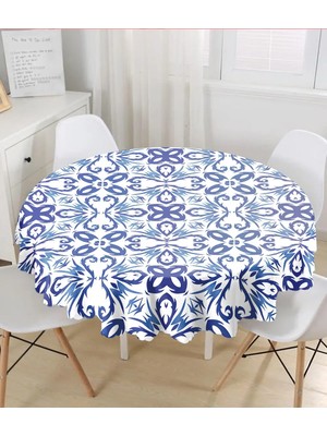 Rem Home Remhome Mavi Beyaz Seramik Damask Özel Tasarım Yuvarlak Masa Örtüsü - Çap 140CM 140 x 140 cm