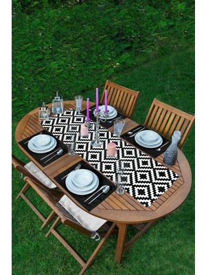 Rem Home Remhome Kareli Geometrik Desenli Dijital Baskılı Modern 1 Adet Runner & 4 Adet Siyah Renkli Amerikan Servis