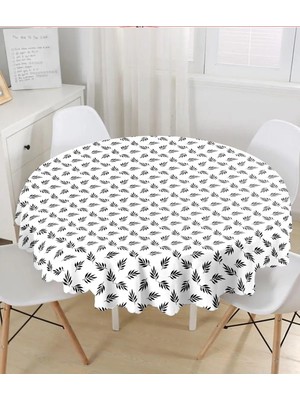 Rem Home Remhome Siyah Beyaz Yaprak Desenli Yuvarlak Masa Örtüsü - Çap 140CM 140 x 140 cm