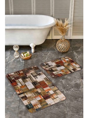 Rem Home Remhome Kahverengi Zeminde Yağlı Boya Motifli Modern Sanat Klasik Modern 2'li Banyo & Mutfak Paspas Takımı Takım Banyo Paspası