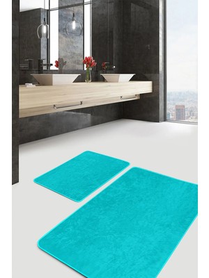 Rem Home Remhome 2'li Set Düz Renk Turkuaz 2'li Banyo & Mutfak Paspas Takımı Takım Banyo Paspası