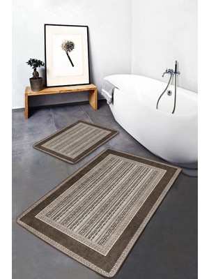Rem Home Remhome Kahverengi Zeminde Uşak Motifli Geleneksel Vintage Etnik Motifler 2'li Banyo & Mutfak Paspas Takımı Takım Banyo Paspası