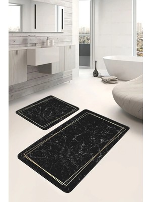 Rem Home Remhome Siyah - Gold Zeminde Çerçeveli Motifli Mermer Sade & Şık Geometrik 2'li Banyo & Mutfak Paspas Takımı Takım Banyo Paspası