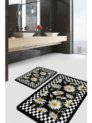 Rem Home Remhome Siyah - Beyaz Zeminde Çerçeveli Motifli Papatya Floral Sade & Şık 2'li Banyo & Mutfak Paspas Takımı Takım Banyo Paspası