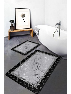 Rem Home Remhome Siyah - Gri Zeminde Çerçeveli Motifli Mermer Geometrik Sade & Şık 2'li Banyo & Mutfak Paspas Takımı Takım Banyo Paspası