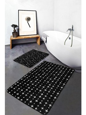 Rem Home Remhome Siyah Beyaz Zeminde Artı Işareti Motifli Klasik Sade Şık Geometrik 2'li Banyo Mutfak Paspas Takımı Takım Banyo Paspası