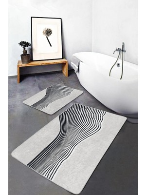 Rem Home Remhome Gri - Ekru Zeminde Modern Sanat Motifli Klasik Sade & Şık Modern 2'li Banyo & Mutfak Paspas Takımı Takım Banyo Paspası